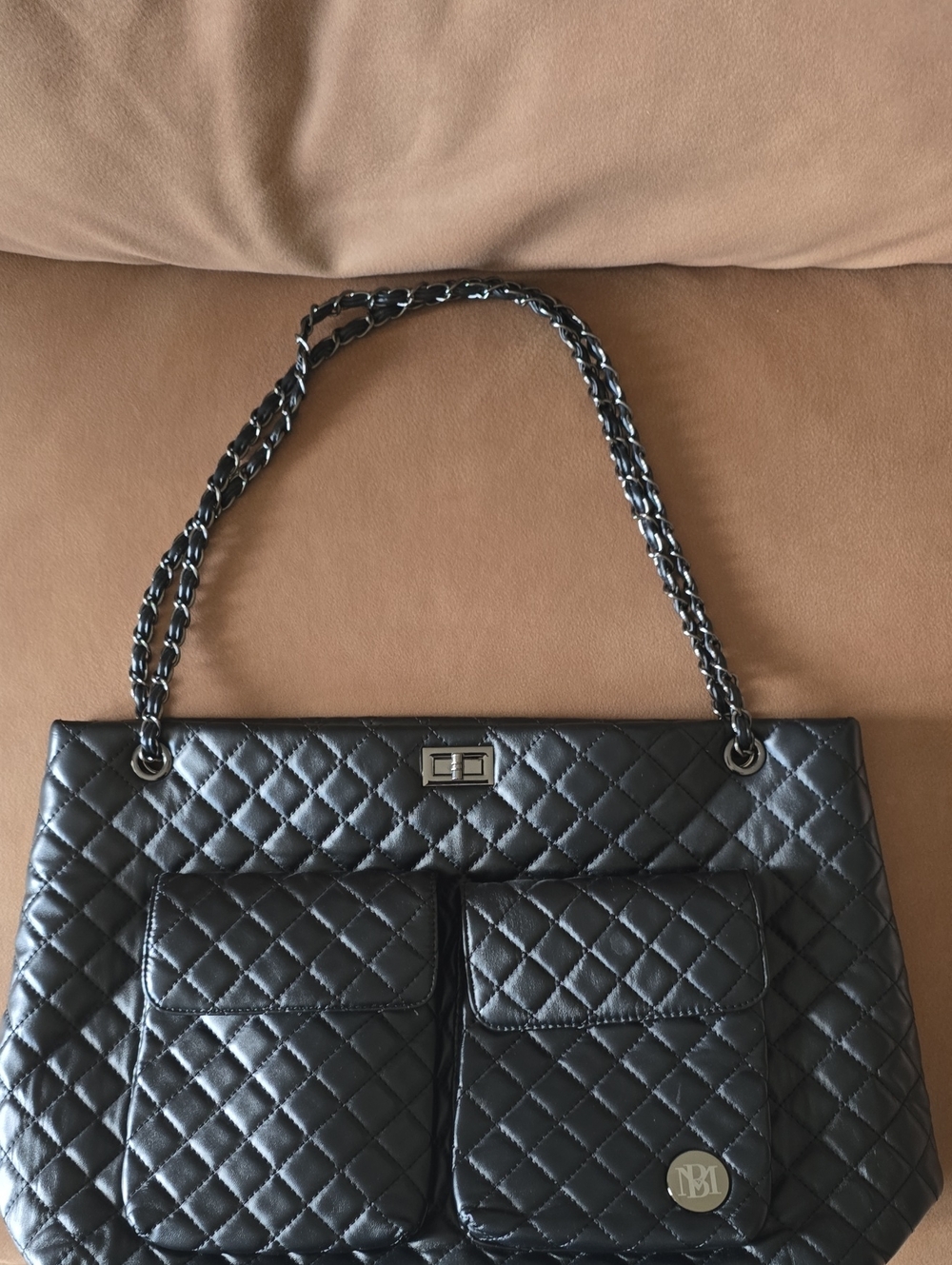 Badgley Mischka Black Quilted Shoulder Bag with Dual Front Pockets